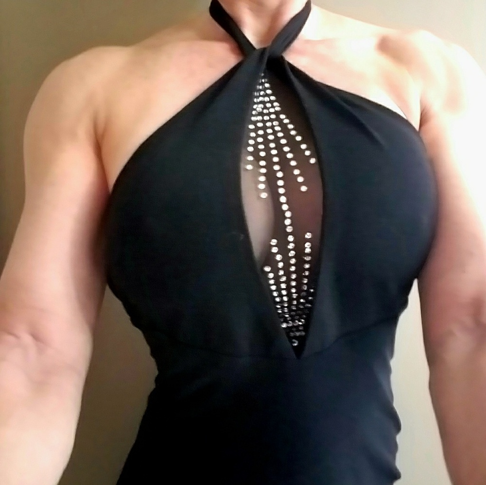 Black halter gown with see through mesh